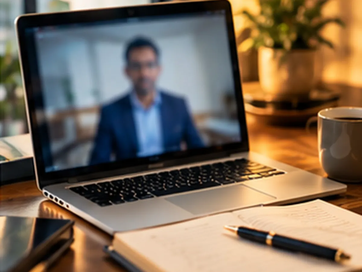 A laptop on a desk showing a video call with an advisor, beside a notebook and pen.