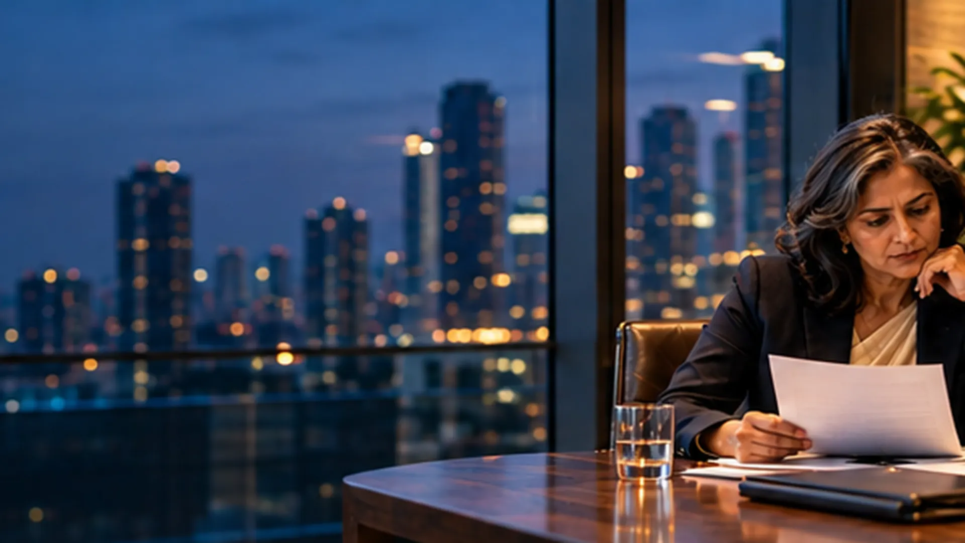 A senior woman executive reviews a candidate shortlist at a boardroom table at dusk, city lights behind her.