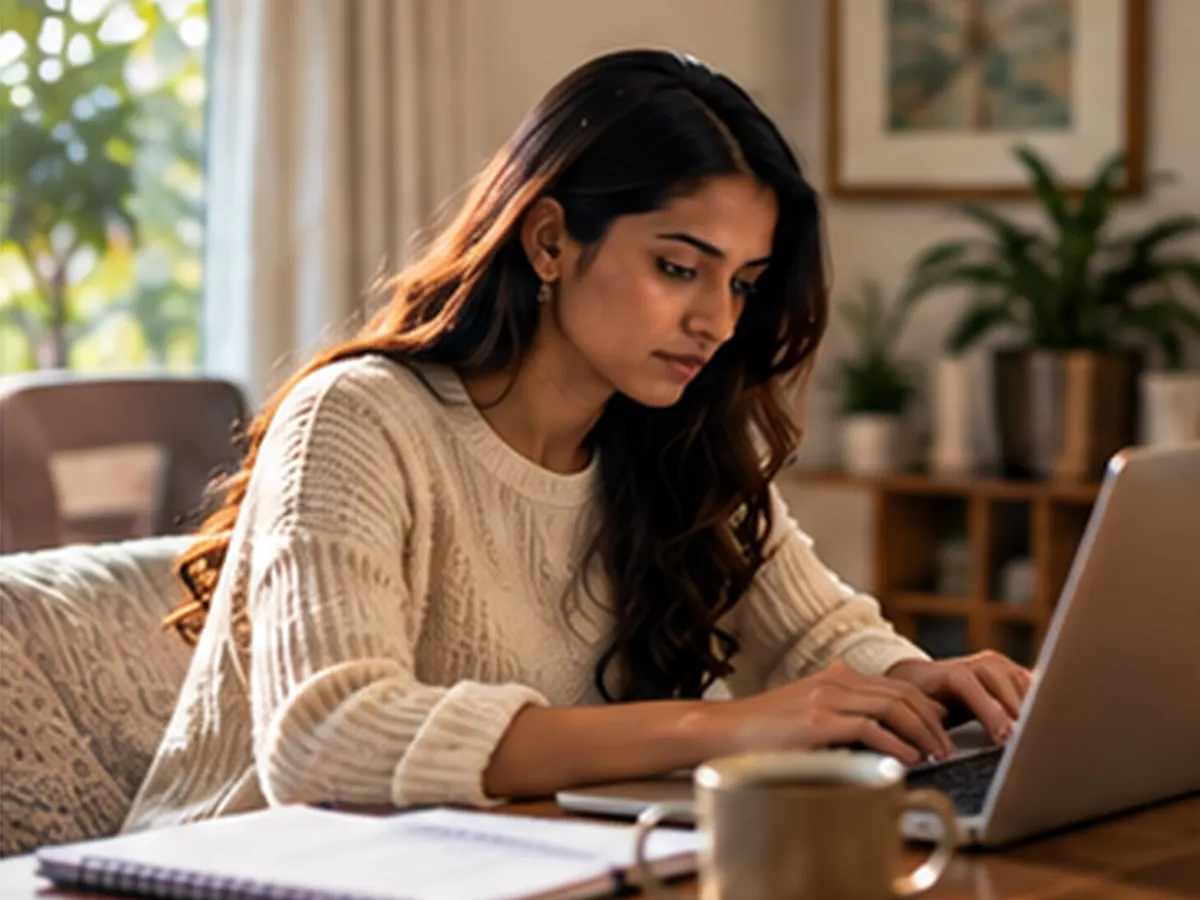 A young professional updates her CV on a laptop at home in soft daylight.